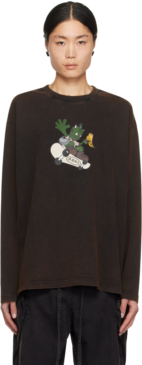 Abra Brown Graphic Long Sleeve T-shirt In Brown Wash