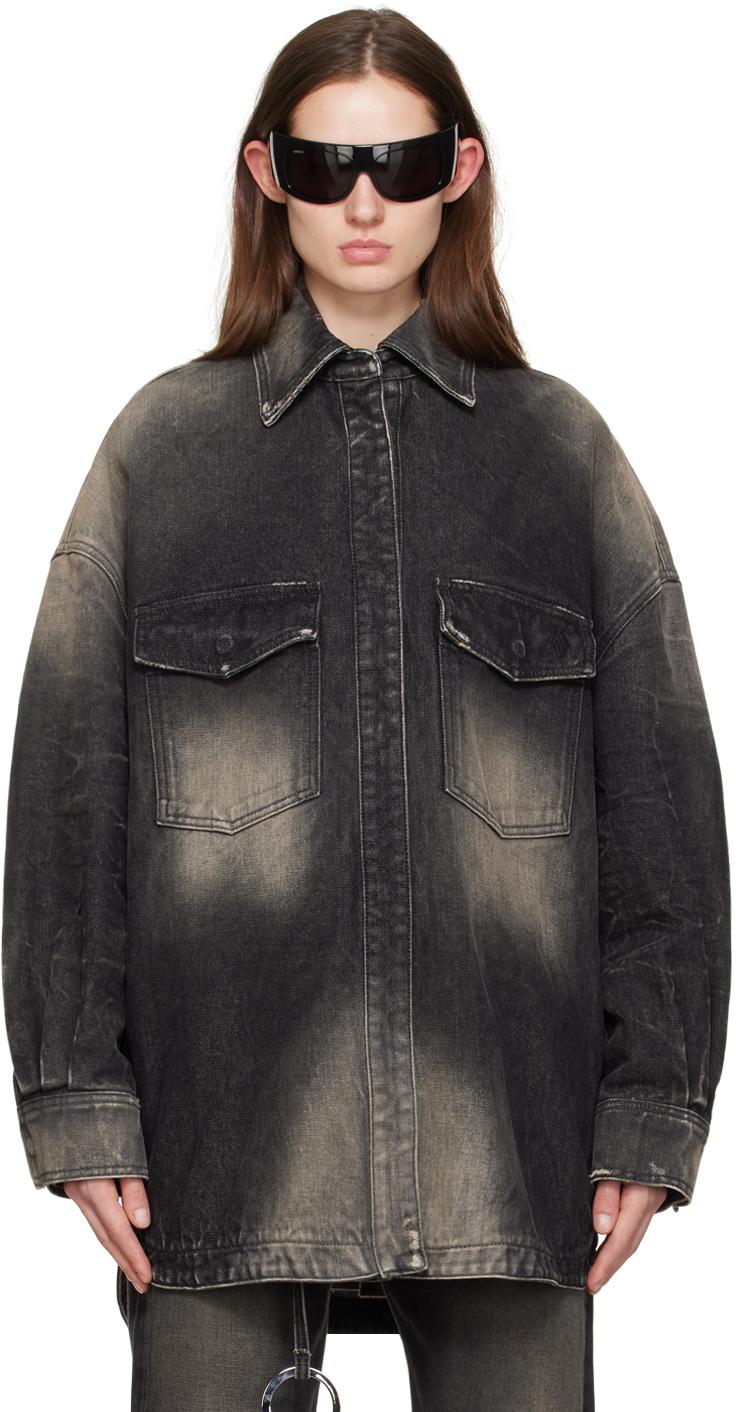 Shop Attico Gray Short Denim Jacket In 611 Dark Grey/sand