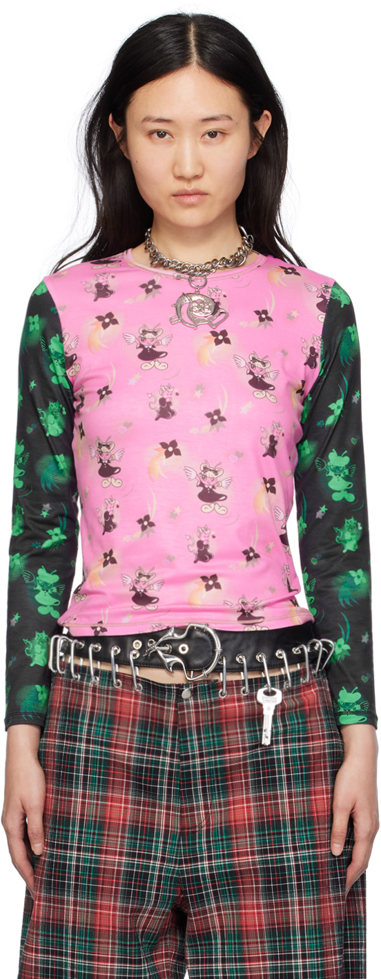 Pink Neon Swoosh Long Sleeve T-Shirt by Chopova Lowena on Sale