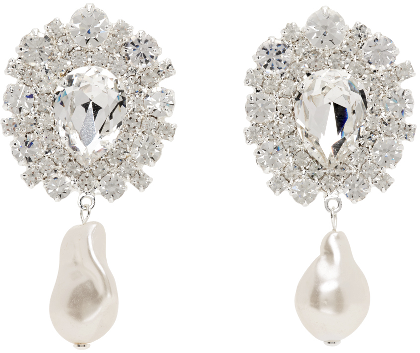 Shop Magda Butrym Silver Crystal & Pearl Earrings
