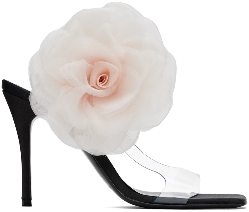 Black Organza Flower Heeled Sandals