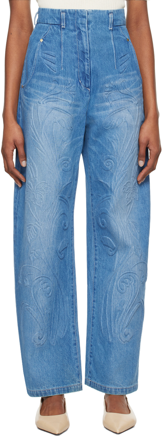Blue Floral Embossed Jeans by Mame Kurogouchi on Sale