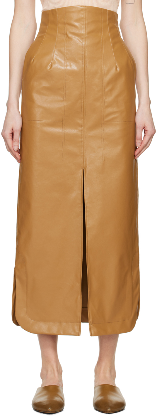 Beige Four-Pocket Faux-Leather Maxi Skirt