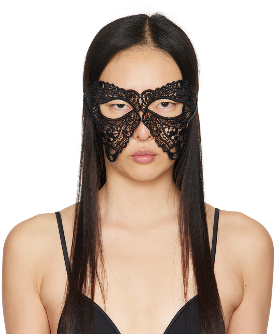 Shop Fleur Du Mal Black Butterfly Guipure Eye Mask In 0100 Black