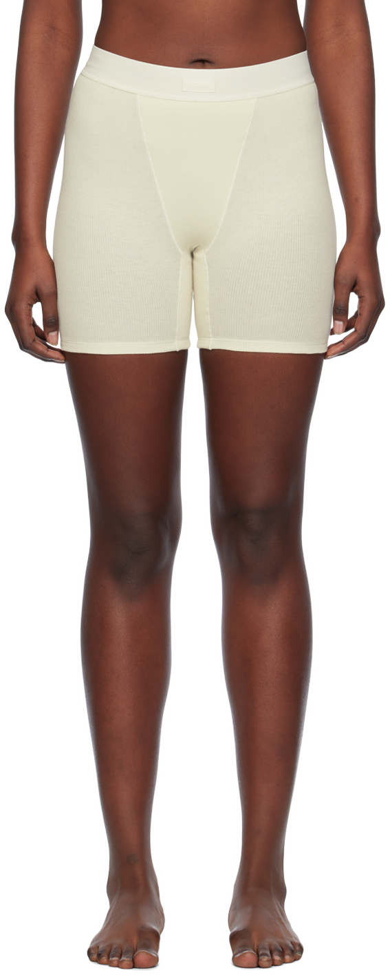 Skims Off-white Cotton Rib Boxer Boy Shorts In Bone