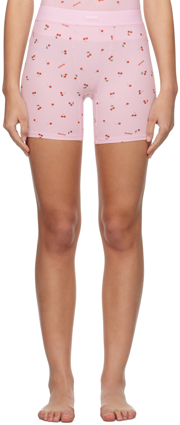 Skims Pink Soft Lounge Boxers In Cherry Print
