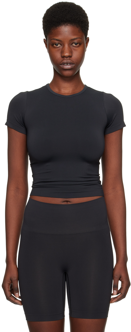 SKIMS: Black Soft Smoothing Seamless T-Shirt