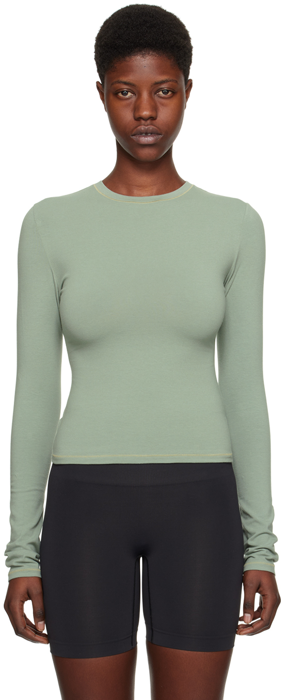 Skims Green Cotton Jersey Long Sleeve T-shirt In Mineral