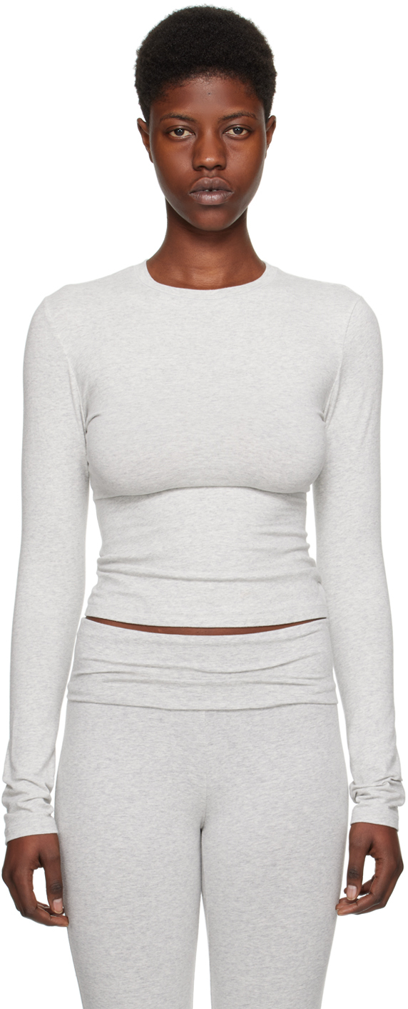 Skims Gray Cotton Jersey Long Sleeve T-shirt In Light Heather Grey