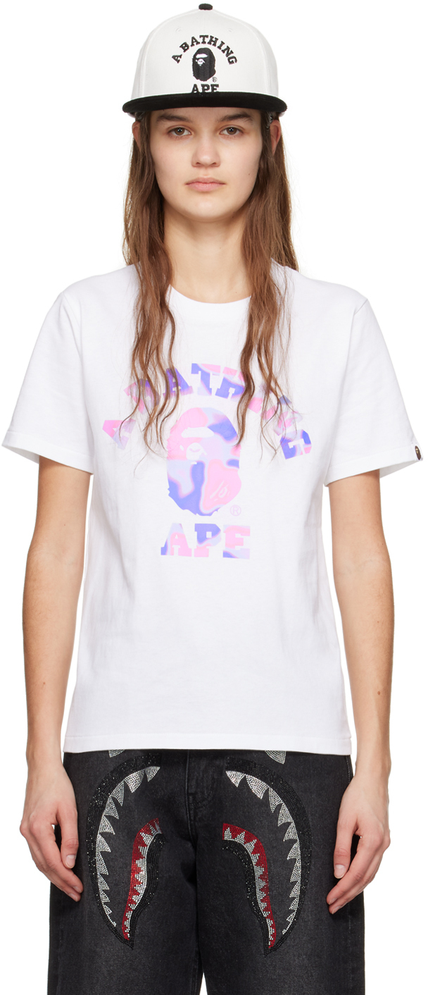 Shop Bape White Liquid Camo College T-shirt In White X Purple