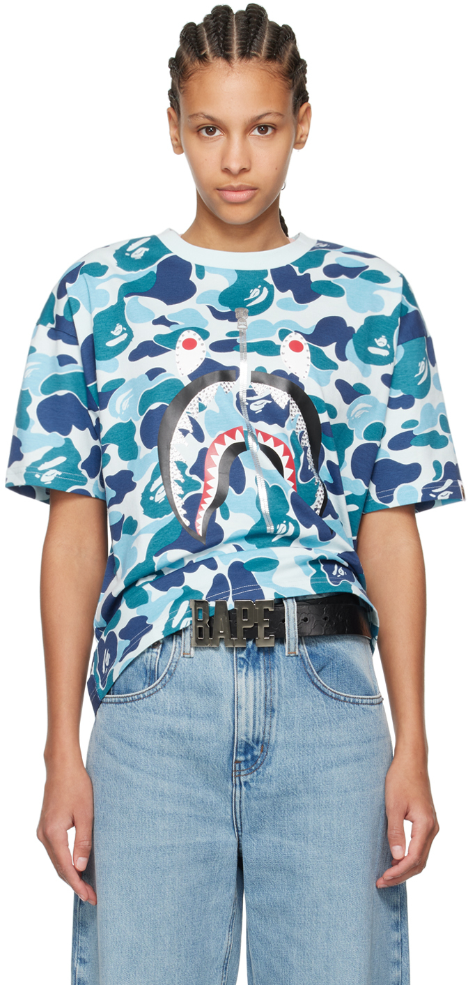 Shop Bape Blue Abc Camo Crystal Stone Shark T-shirt