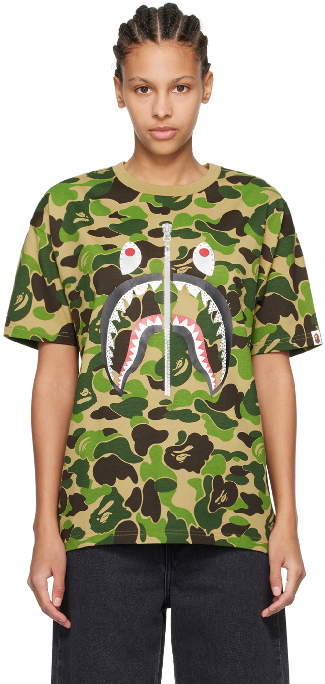 Shop Bape Khaki Abc Camo Crystal Stone Shark T-shirt In Green