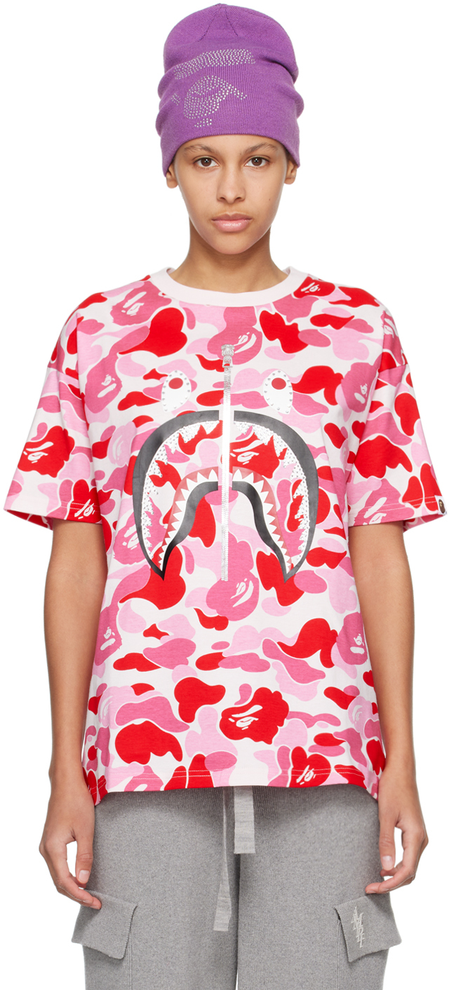 Pink ABC Camo Crystal Stone Shark T Shirt by BAPE on Sale