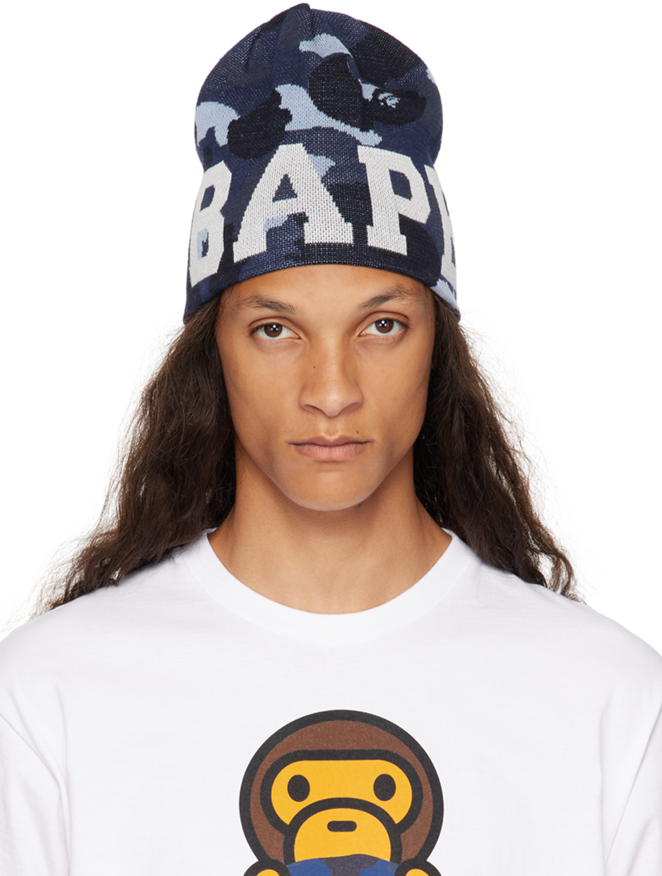 BAPE: Navy Color Camo Knit Beanie | SSENSE