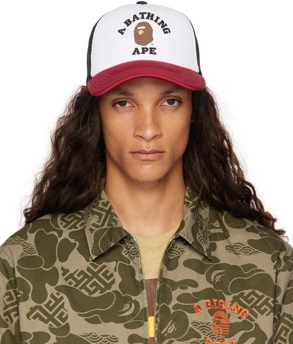 BAPE: White & Burgundy College Mesh Cap | SSENSE