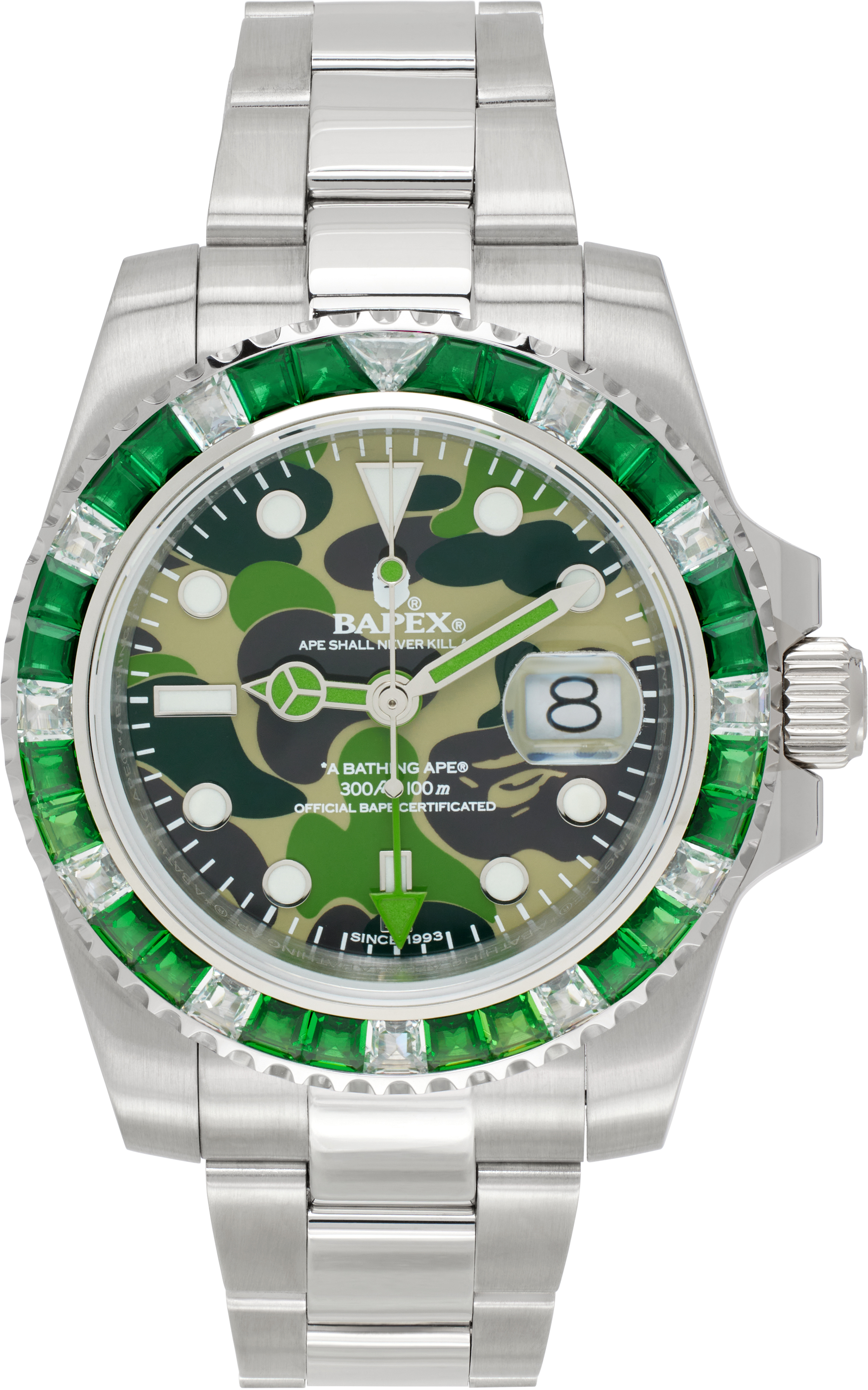 Shop Bape Silver & Green Type 2 Camo Crystal Watch In 28376853