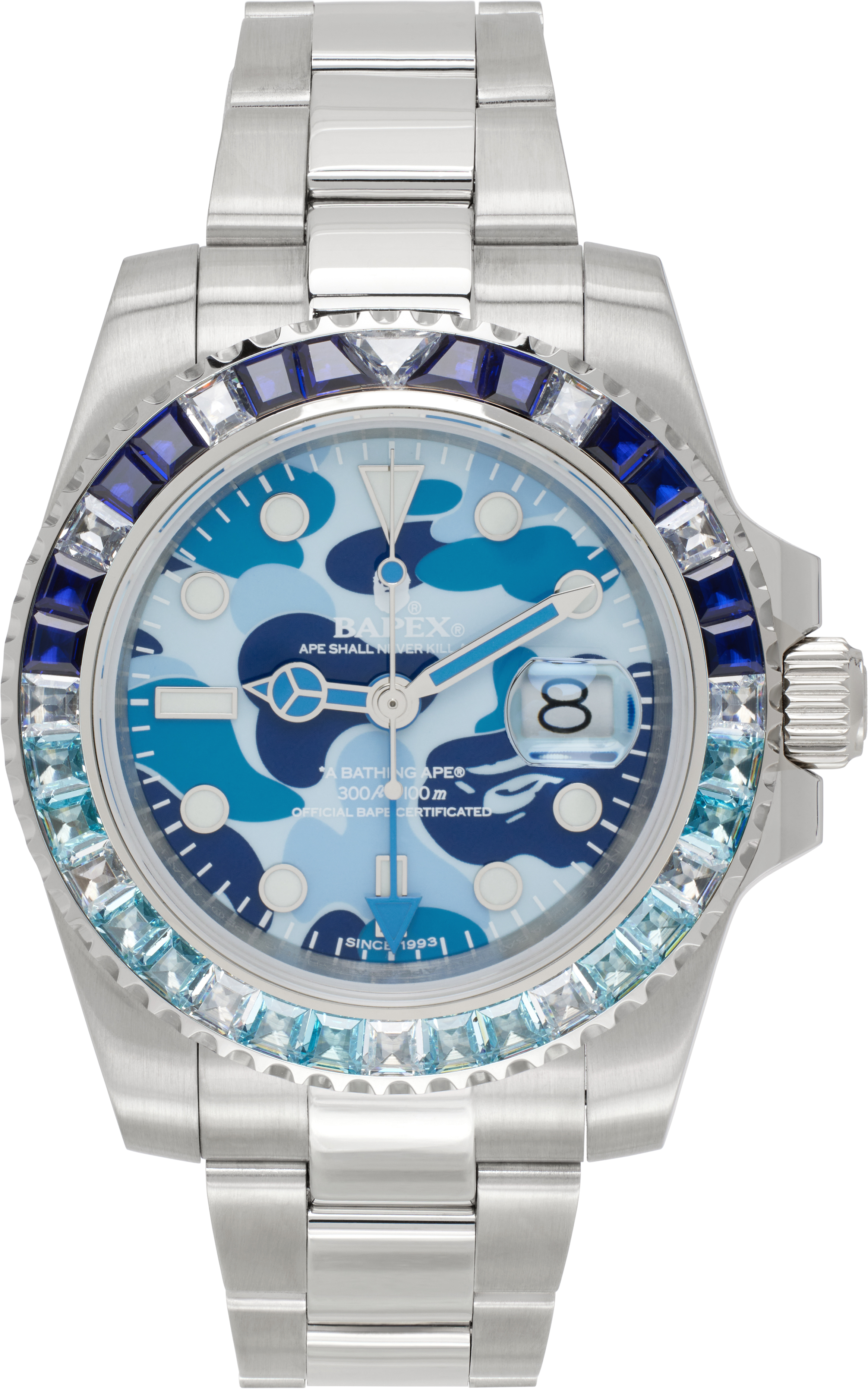 Shop Bape Silver & Blue Type 2 Camo Crystal Watch In 28376852