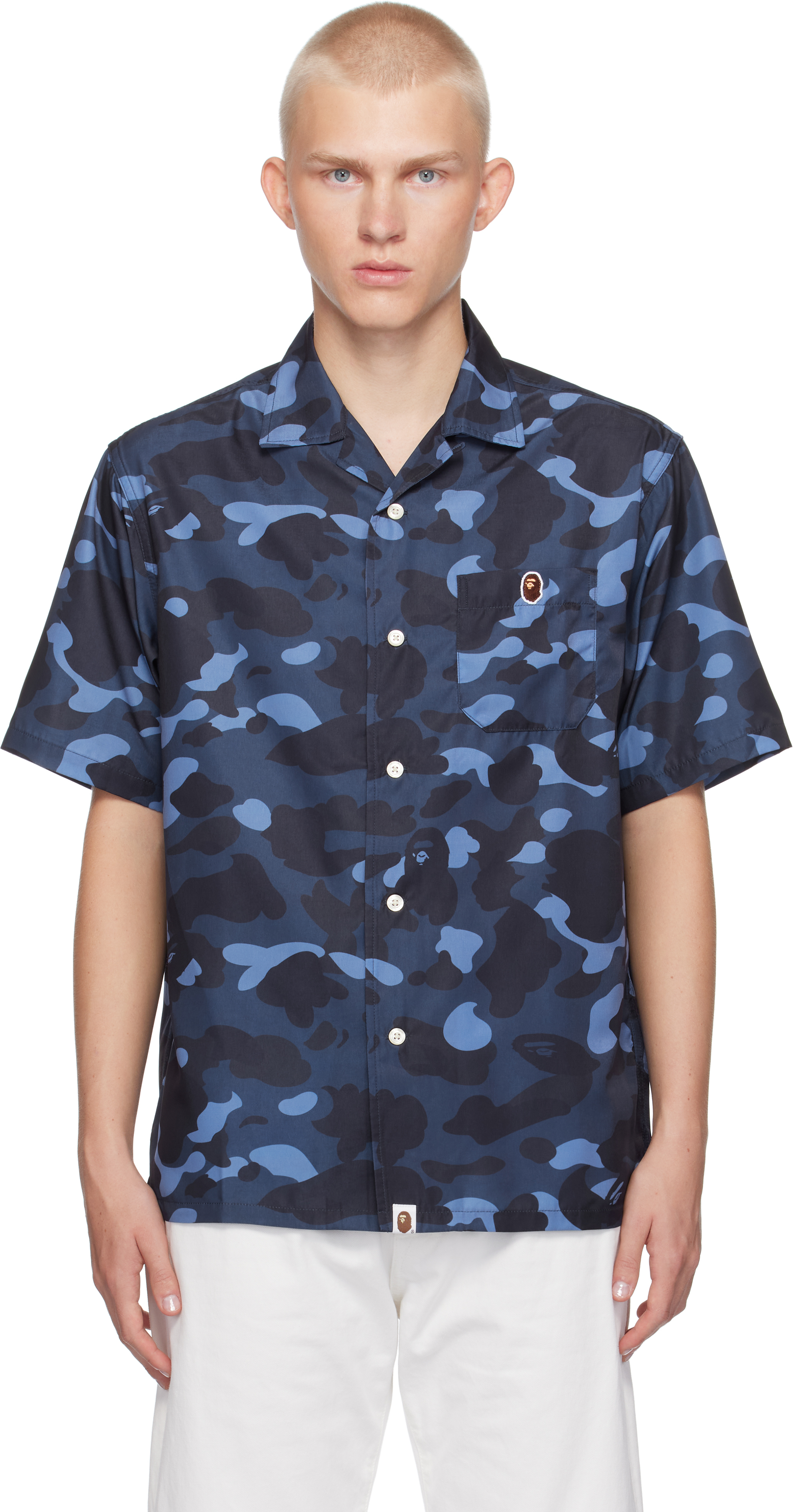 BAPE: Navy Color Camo Ape Head One Point Shirt | SSENSE