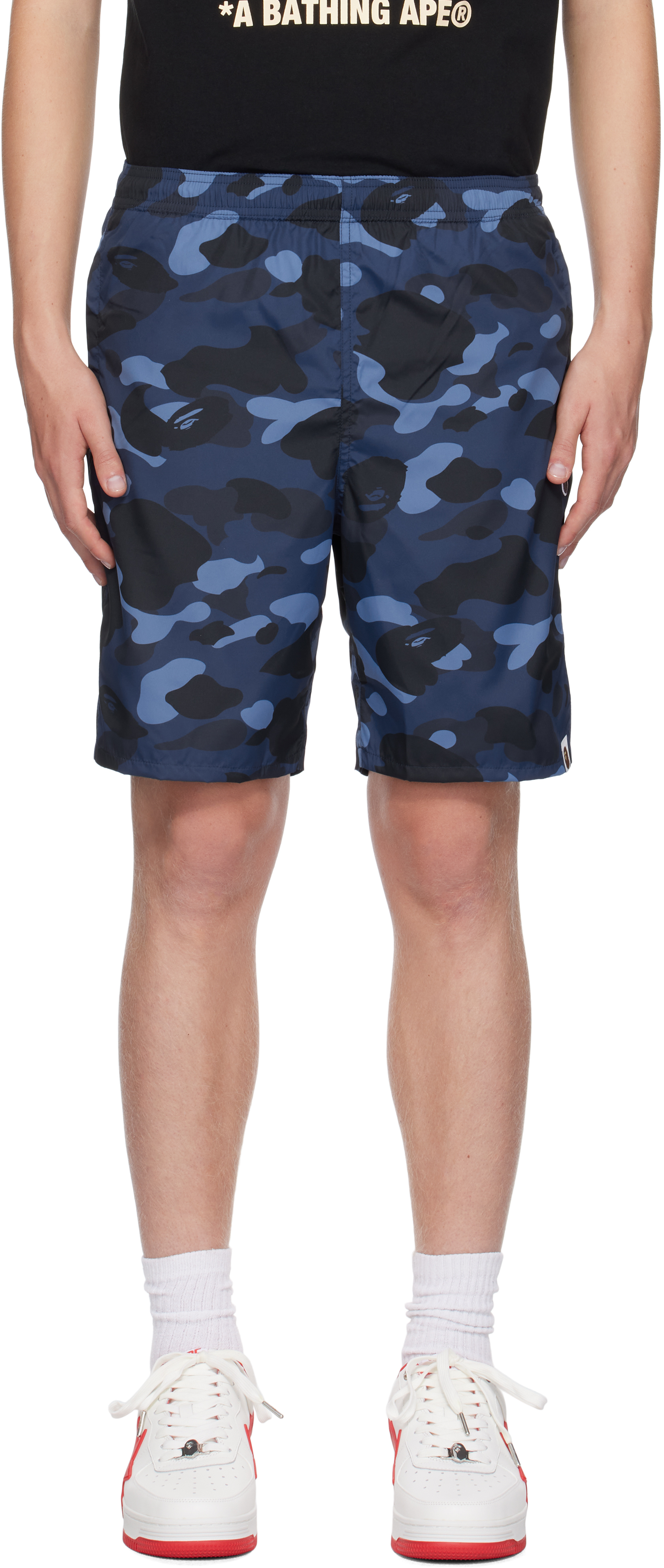 Shop Bape Navy Camo Ape Head One Point Beach Shorts