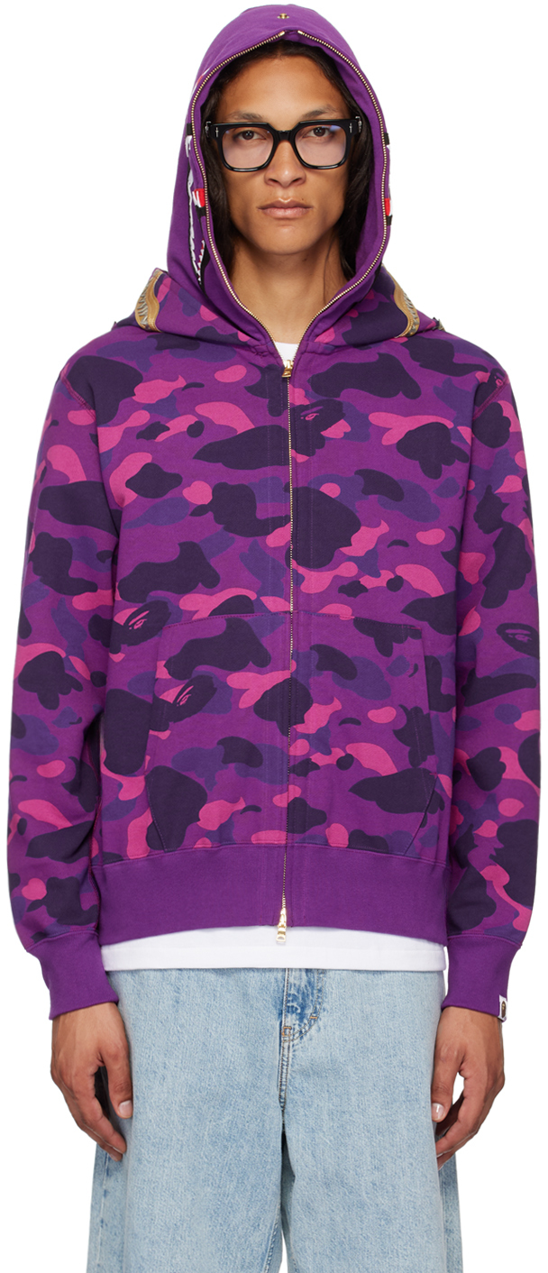 Purple Color Camo Double Shark Full Zip Hoodie