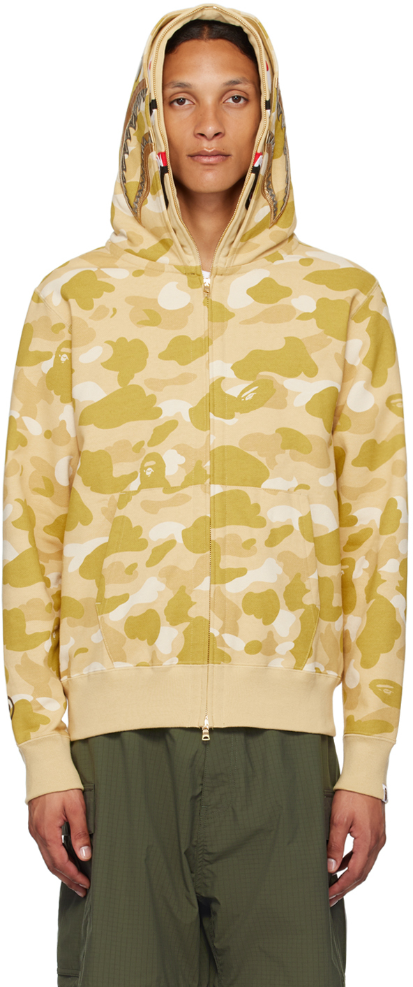 BAPE: Yellow Color Camo Double Shark Full Zip Hoodie | SSENSE