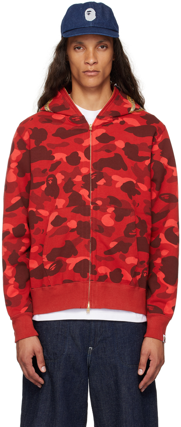 Red Color Camo Double Shark Full Zip Hoodie by BAPE on Sale