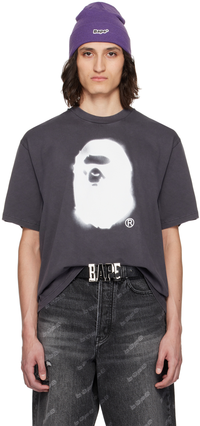 BAPE: Gray Spray Ape Head T-Shirt | SSENSE
