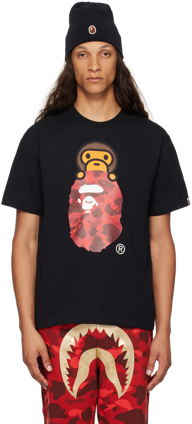 Bape: Black Color Camo Milo On Ape Head T-shirt 