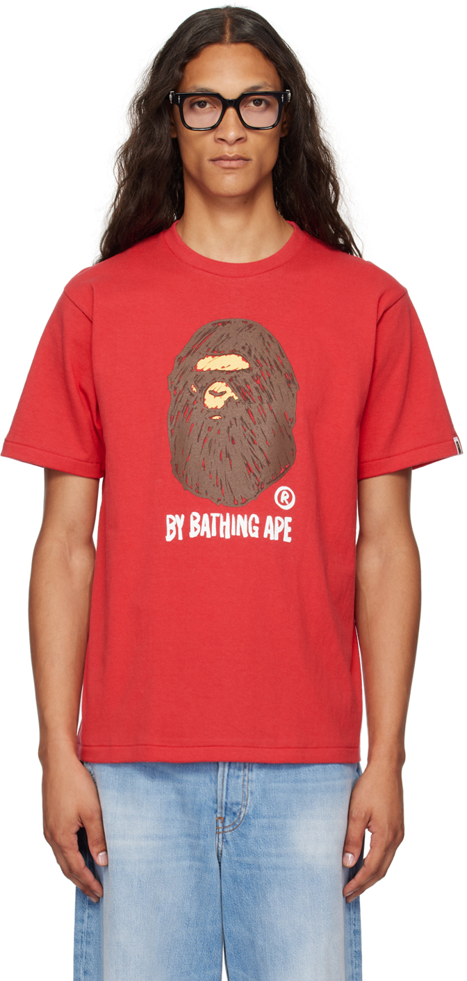 BAPE: Red Hand Drawn 'By Bathing Ape' T-Shirt | SSENSE