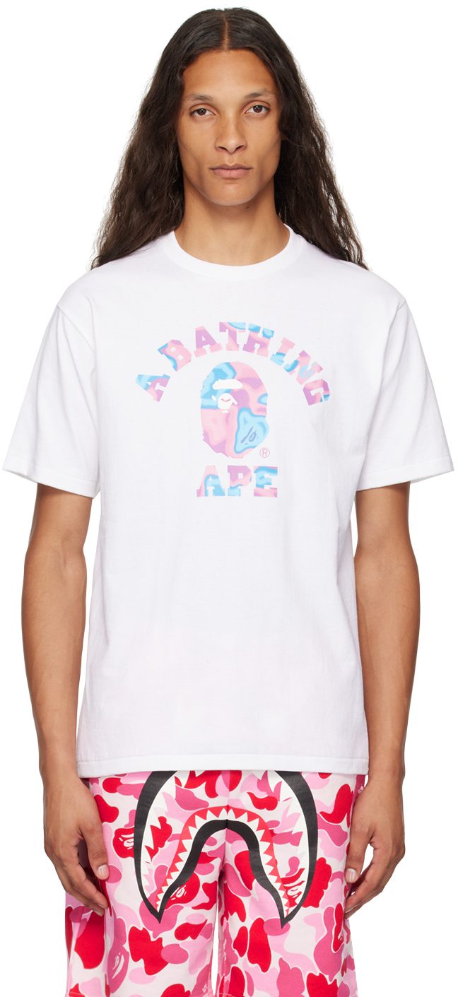 Shop Bape White Liquid Camo College T-shirt In White X Pink