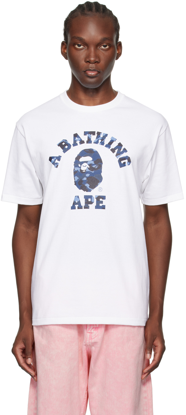 Shop Bape White Color Camo College T-shirt In White X Navy