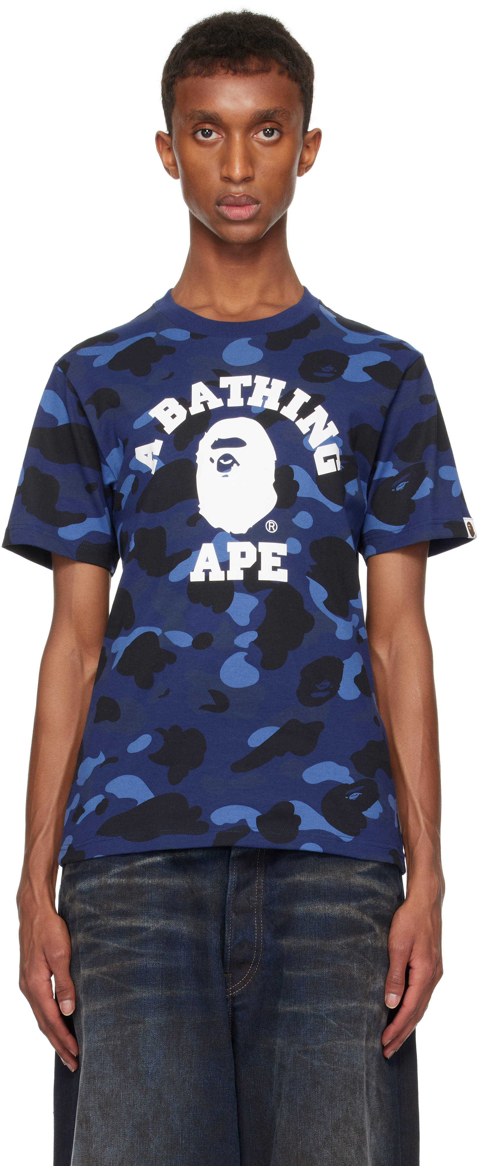 BAPE: Navy Color Camo College T-shirt SSENSE