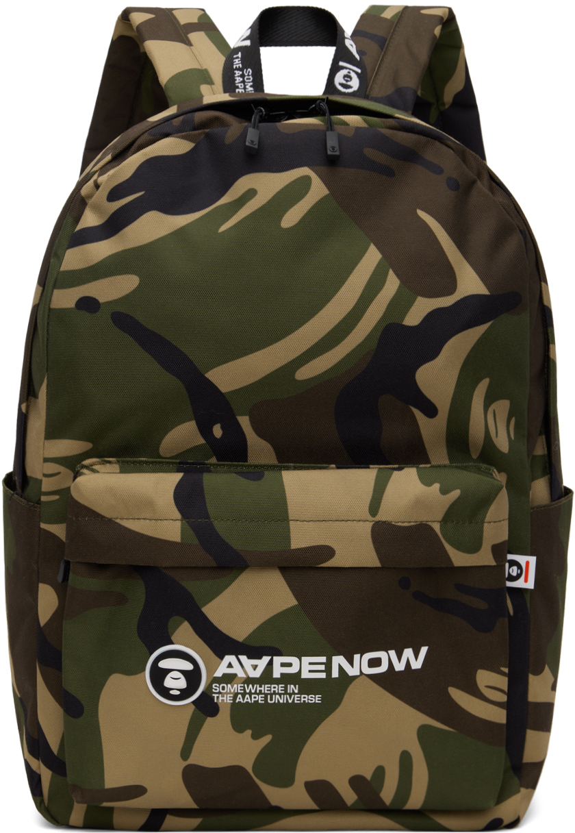 Green Moonface Patch Camo Backpack by AAPE by A Bathing Ape on Sale