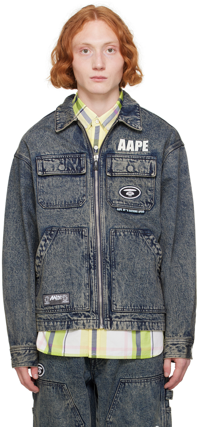 Shop Aape By A Bathing Ape Blue Embroidered Denim Jacket In Bkc Black (navy)