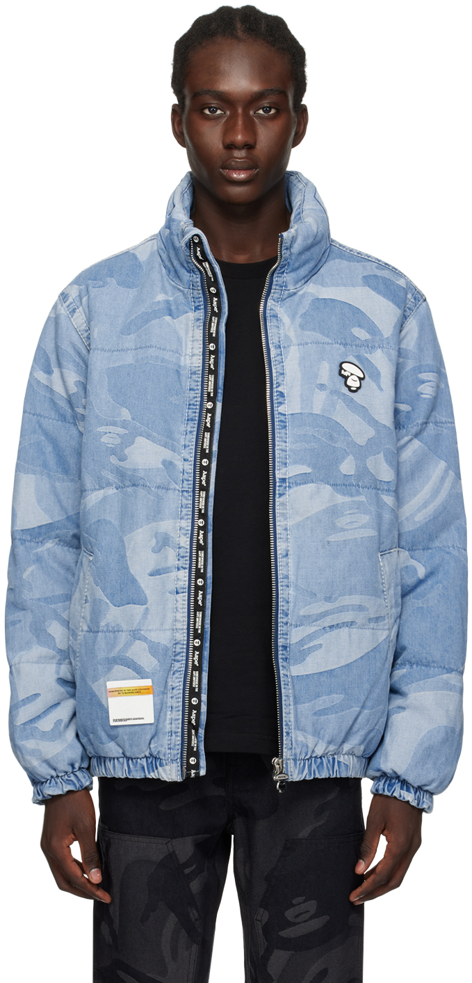 AAPE by A Bathing Ape: Blue Graphic Down Jacket | SSENSE