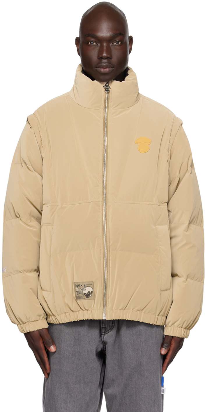 AAPE by A Bathing Ape: Beige Convertible Down Jacket | SSENSE