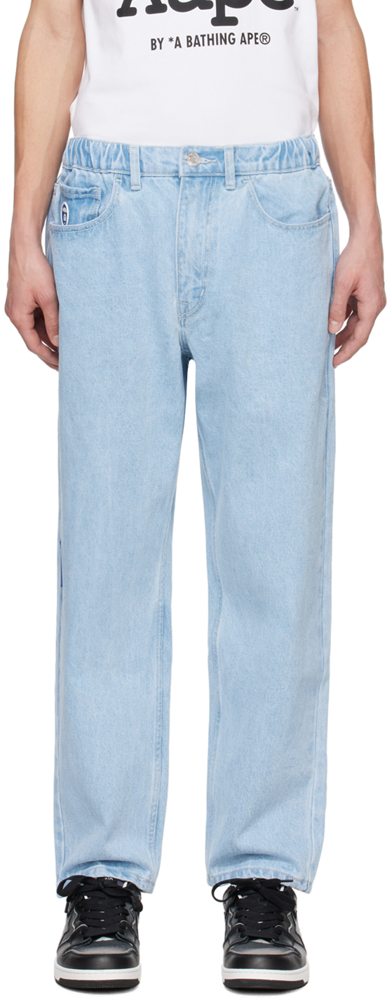 Aape By A Bathing Ape Blue Moonface Patch Jeans In Bll Light Blue