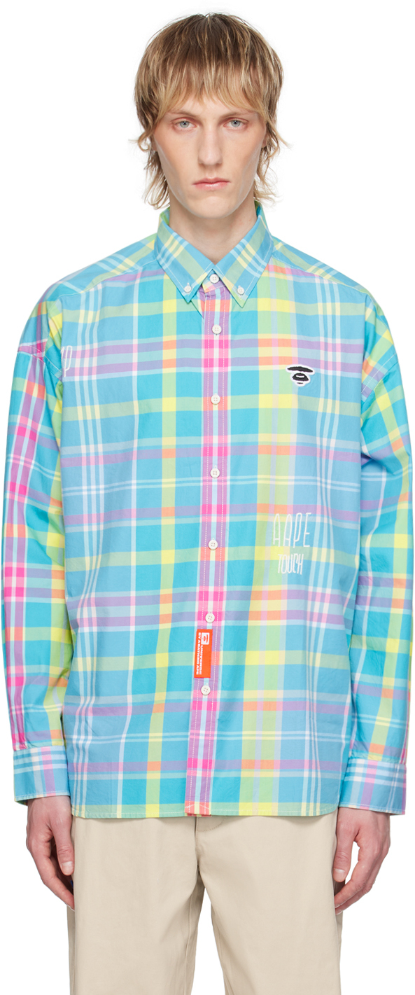 Shop Aape By A Bathing Ape Blue Check Shirt In Blt Blue (pink)
