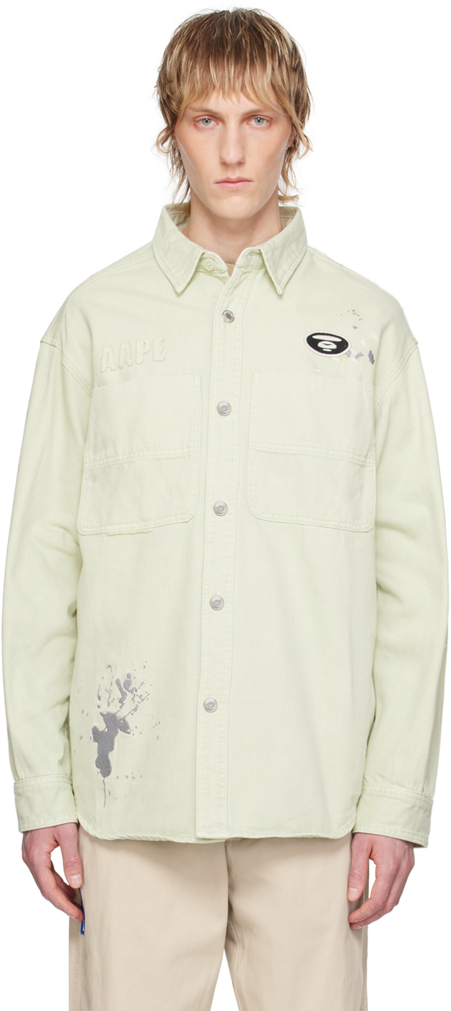 Shop Aape By A Bathing Ape Green Embroidered Denim Shirt In Gre Green (grey)
