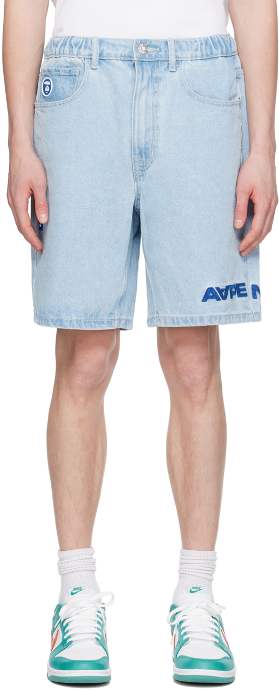 Shop Aape By A Bathing Ape Blue Embroidered Denim Shorts In Bll Light Blue