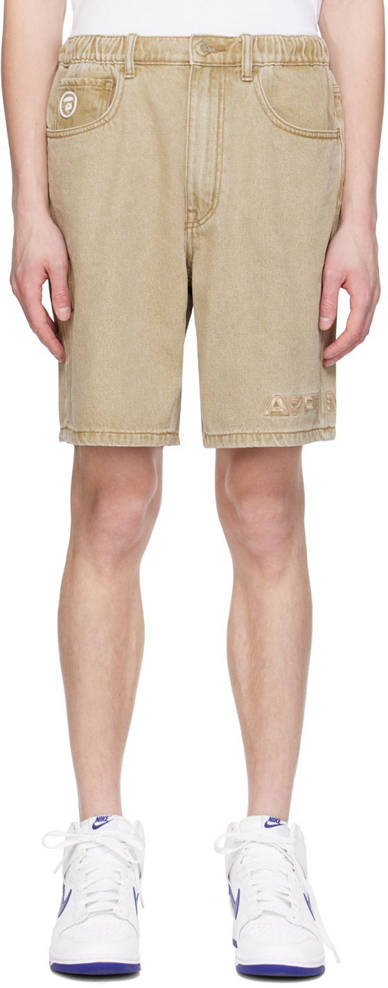 Beige Garment-Dyed Denim Shorts