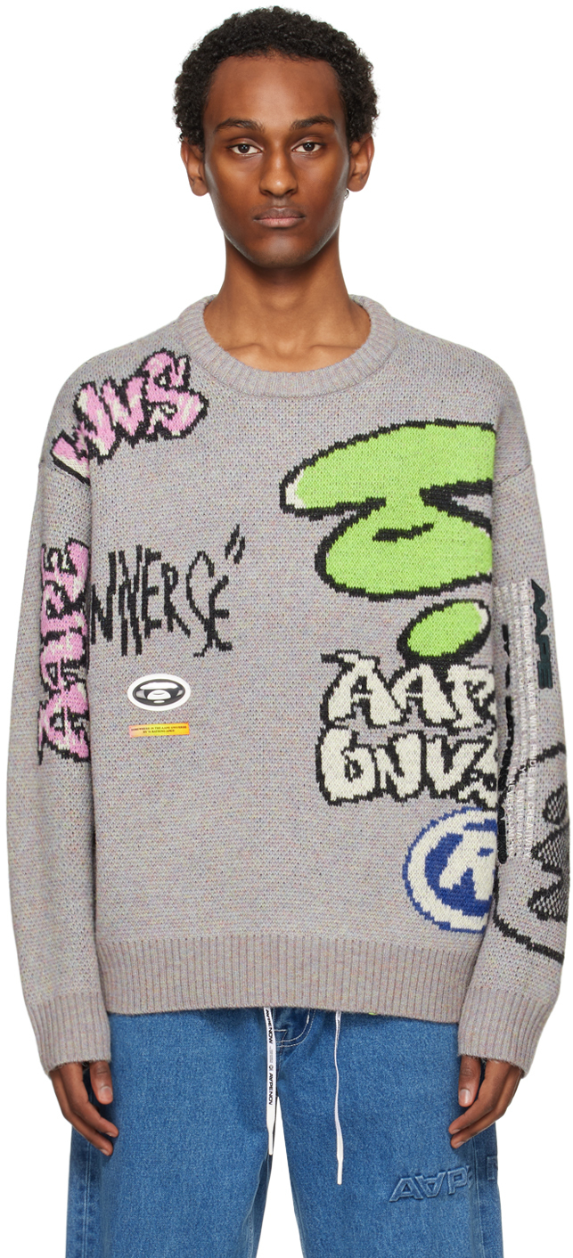 Aape By A Bathing Ape Graphic-jacquard Marled-knit Jumper In Grey