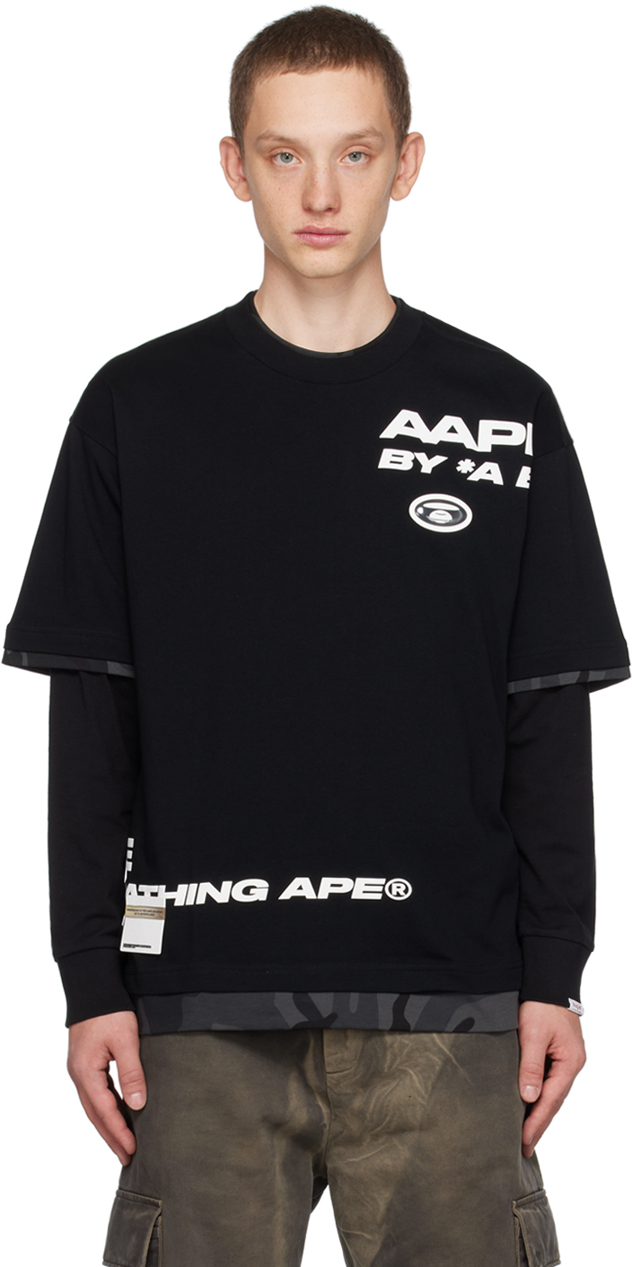 AAPE by A Bathing Ape: Black Appliqué T-Shirt | SSENSE Canada