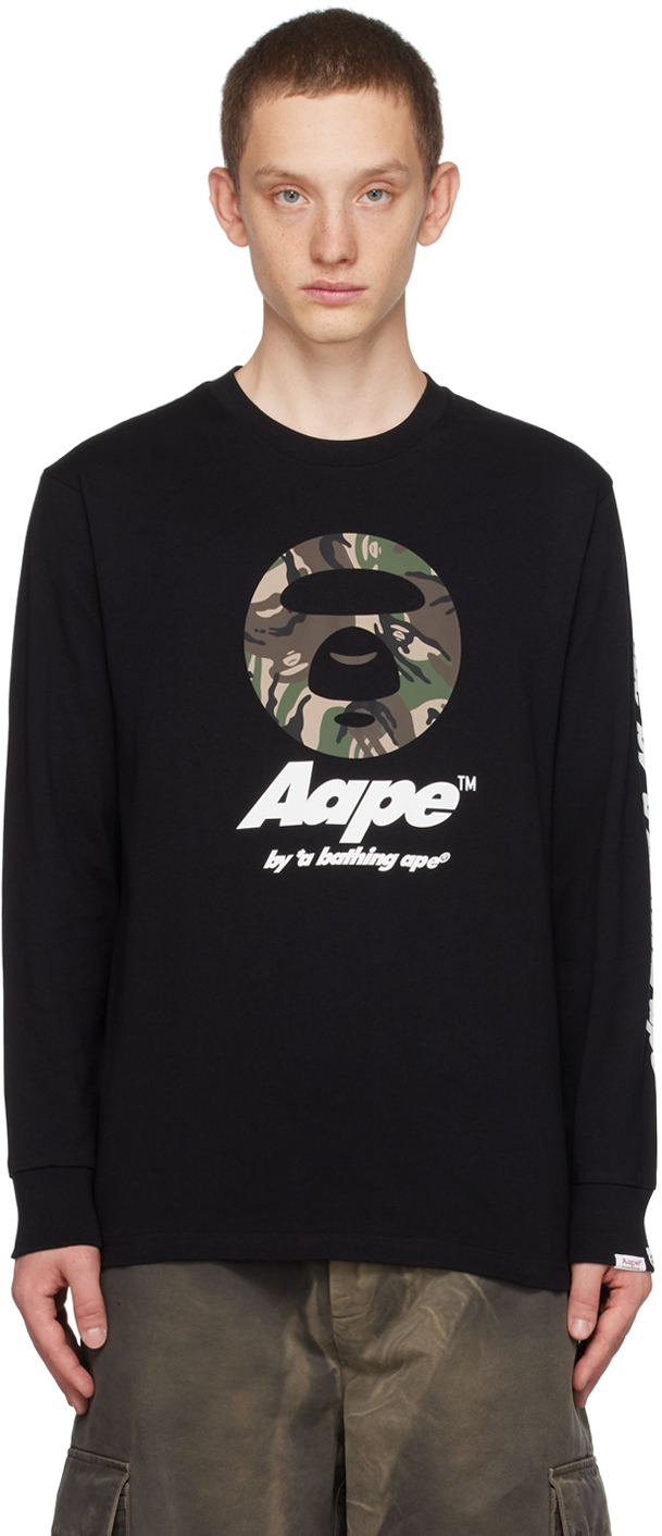 AAPE by A Bathing Ape: Black Printed Long Sleeve T-Shirt | SSENSE