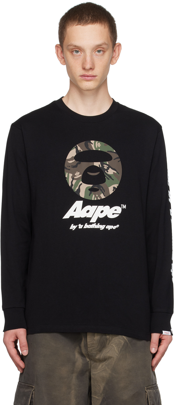 AAPE by A Bathing Ape: Black Printed Long Sleeve T-Shirt | SSENSE UK