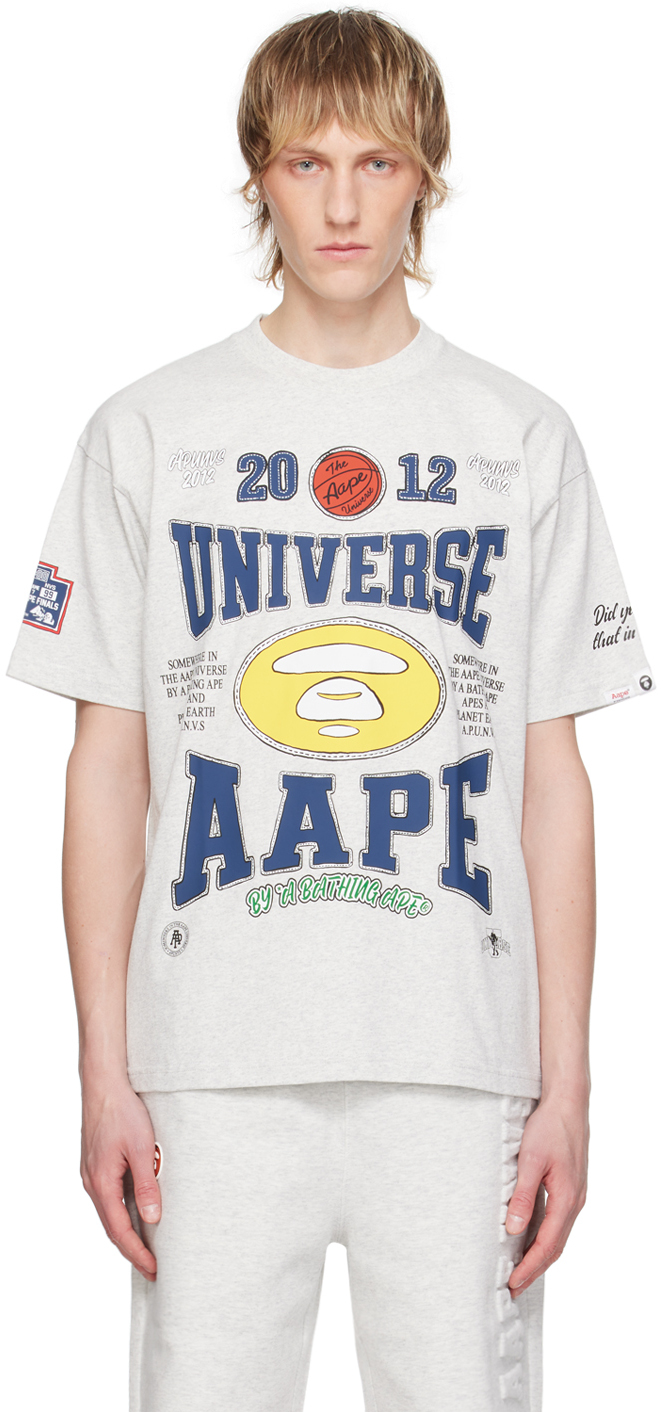 Shop Aape By A Bathing Ape Off-white Printed T-shirt In Wh2 Heather White