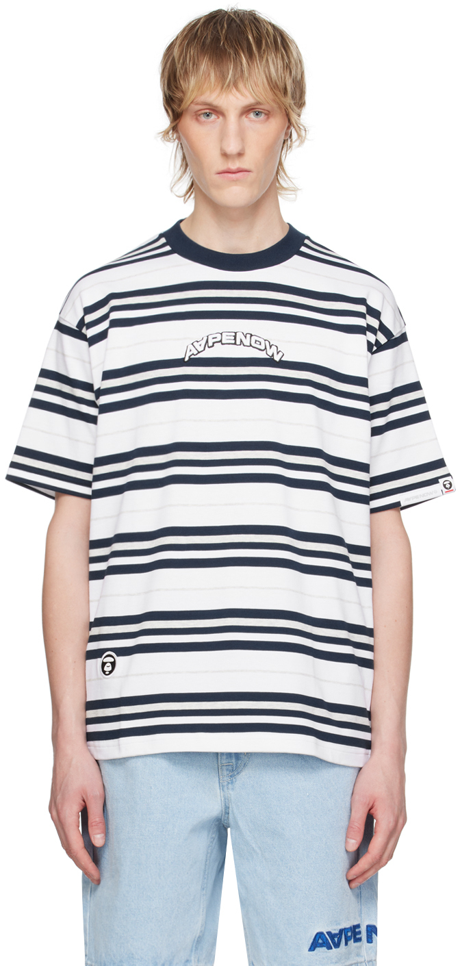 Shop Aape By A Bathing Ape White & Navy Striped T-shirt In Whc White (navy)