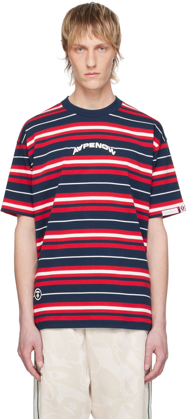 Shop Aape By A Bathing Ape Navy & Red Striped T-shirt In Nyp Navy (red)