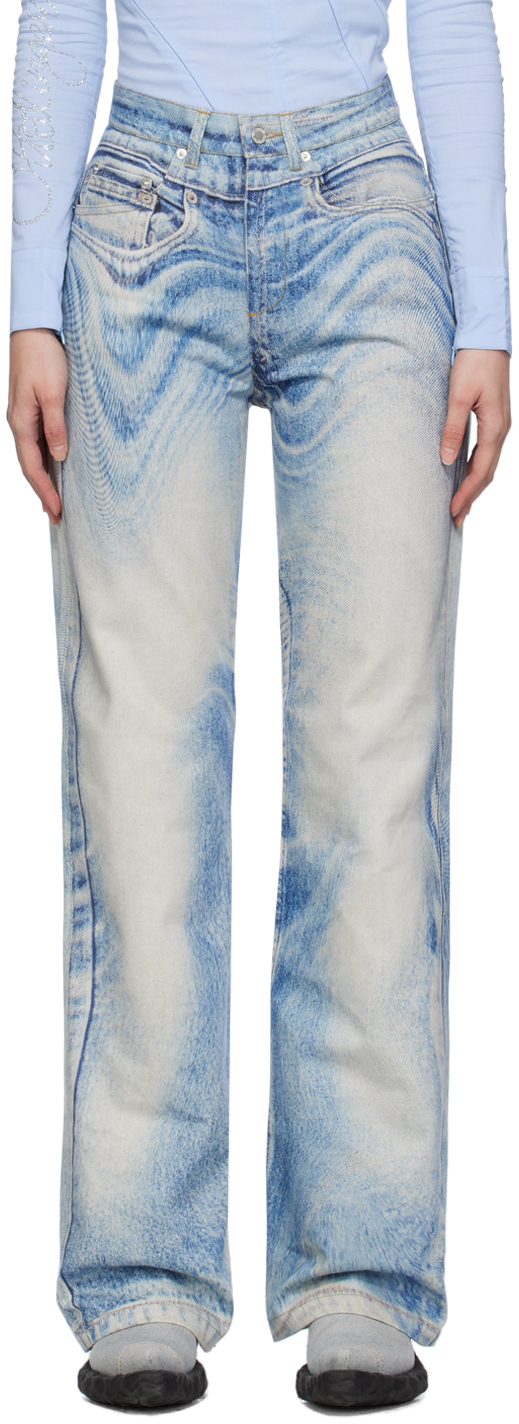 Blue & Off-White Printed Jeans