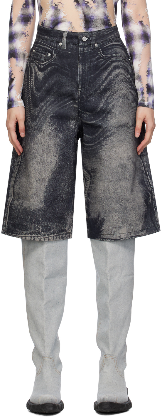 Black & Gray Printed Denim Shorts